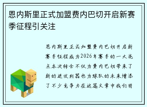 恩内斯里正式加盟费内巴切开启新赛季征程引关注